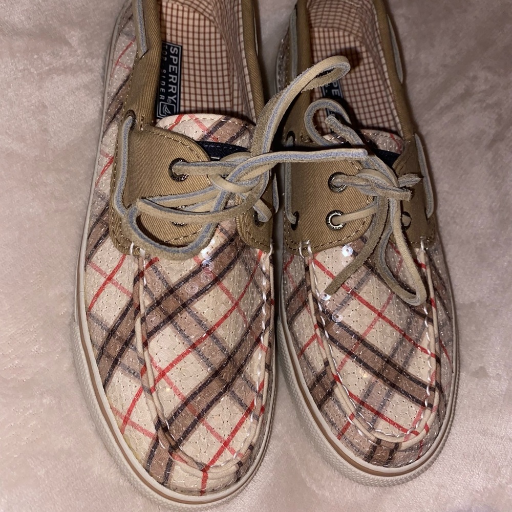 NEW W/O tags SPERRY TOP-SLIDER boat shoes- tan plaid with sequins size W’s 7.5